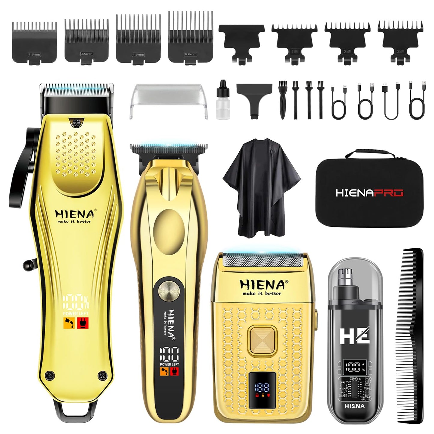 HIENA PRO Hair Clippers for Men Professional, Cordless Barber Clipper & T-Blade Beard/Hair Trimmer Set, Electric Razor Foil Shaver Nose Trimmer Barber Kit, Men's Hair Cutting Kit (Gold)