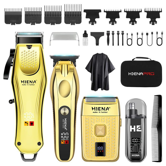 HIENA PRO Hair Clippers for Men Professional, Cordless Barber Clipper & T-Blade Beard/Hair Trimmer Set, Electric Razor Foil Shaver Nose Trimmer Barber Kit, Men's Hair Cutting Kit (Gold)