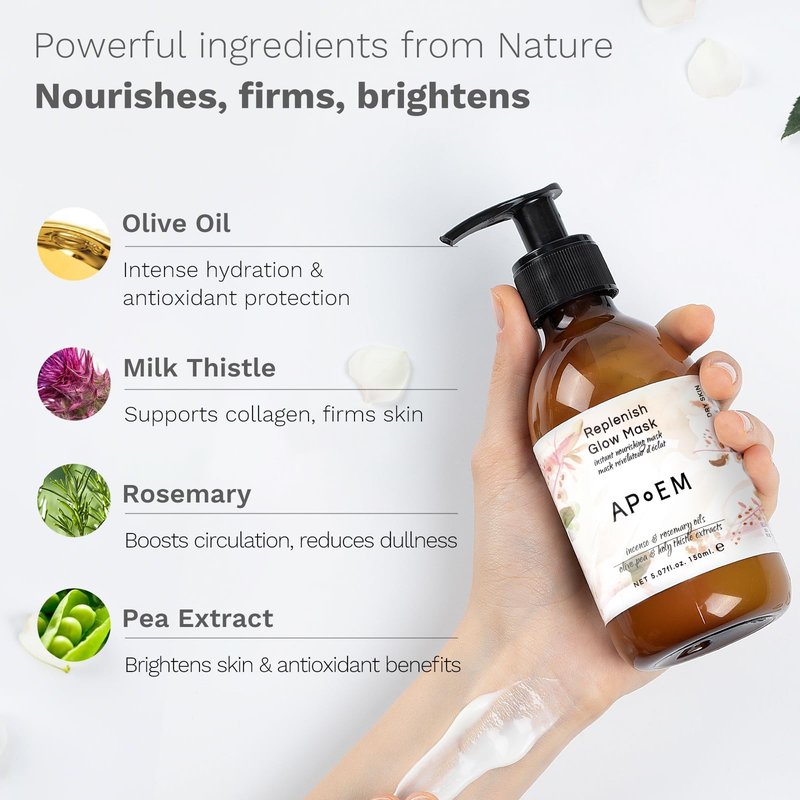 APoEM Replenish Glow Mask | face masks skincare for instant plumping, deep hydration & firming | smoothing fine lines, brightening & antioxidant protection | Spanish skincare, 150ml
