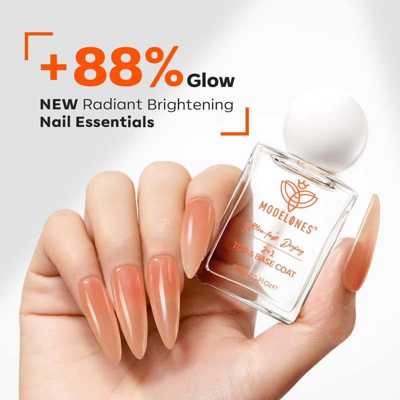 modelones Nail Polish Top Coat Base Coat 3-in-One, 15 Ml Clear Nail Strengthener Quick Dry Long Lasting Shine Chip Fade Resistant Nails Protect Care Gifts for Women