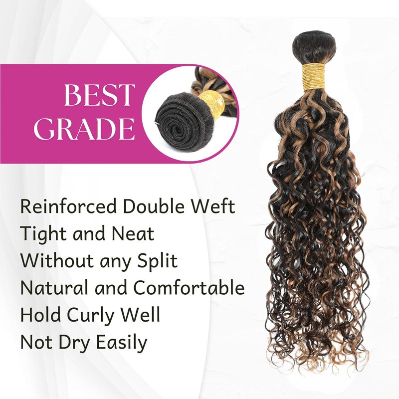 Anmetan Honey Blonde Highlight Black and Brown 4x4 Closure Water Wave Human Hair, 12A Wet and Wavy Color F1B30 Ombre 100% Remy Hair Pre Plucked with Baby Hair Free Part Hairline 4x4 Lace Closure 14 In