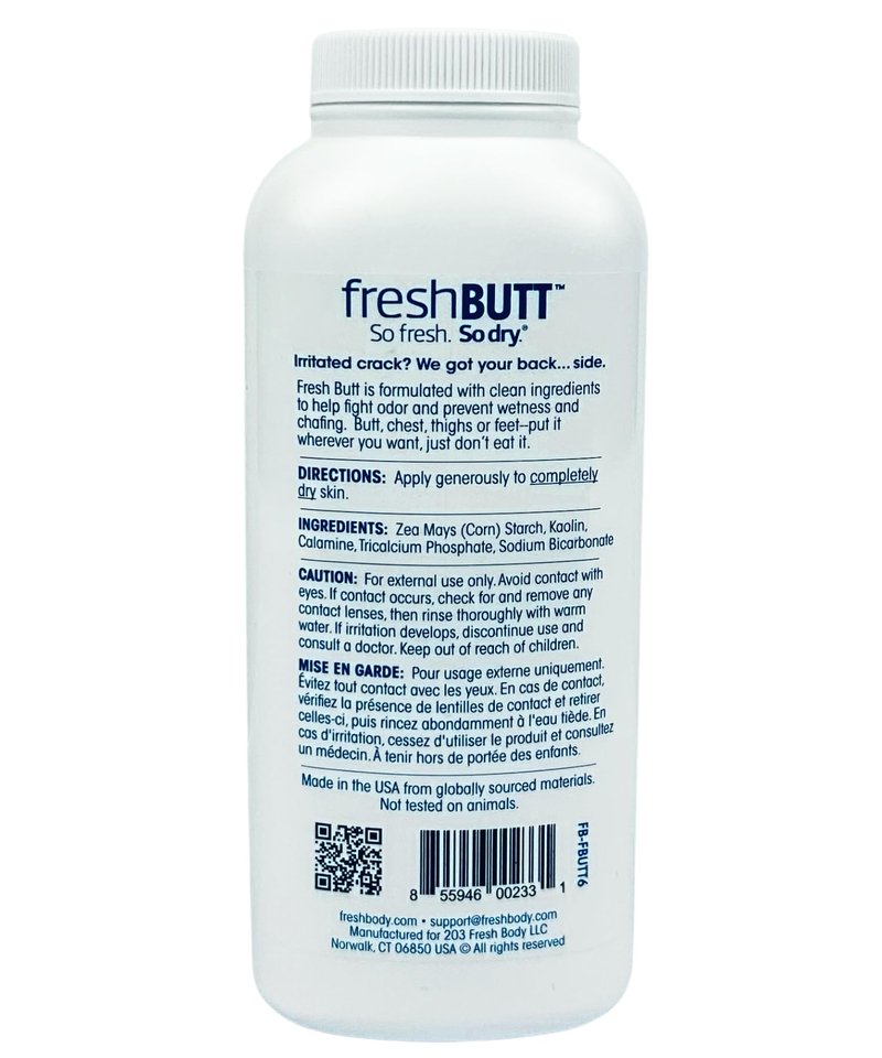 Fresh Butt Body Powder for Men & Women - Talc-Free with Calamine for Friction Fighting, Anti-Chafing, Anti-Itch, Odor & Sweat Absorbing, Unscented, 6oz