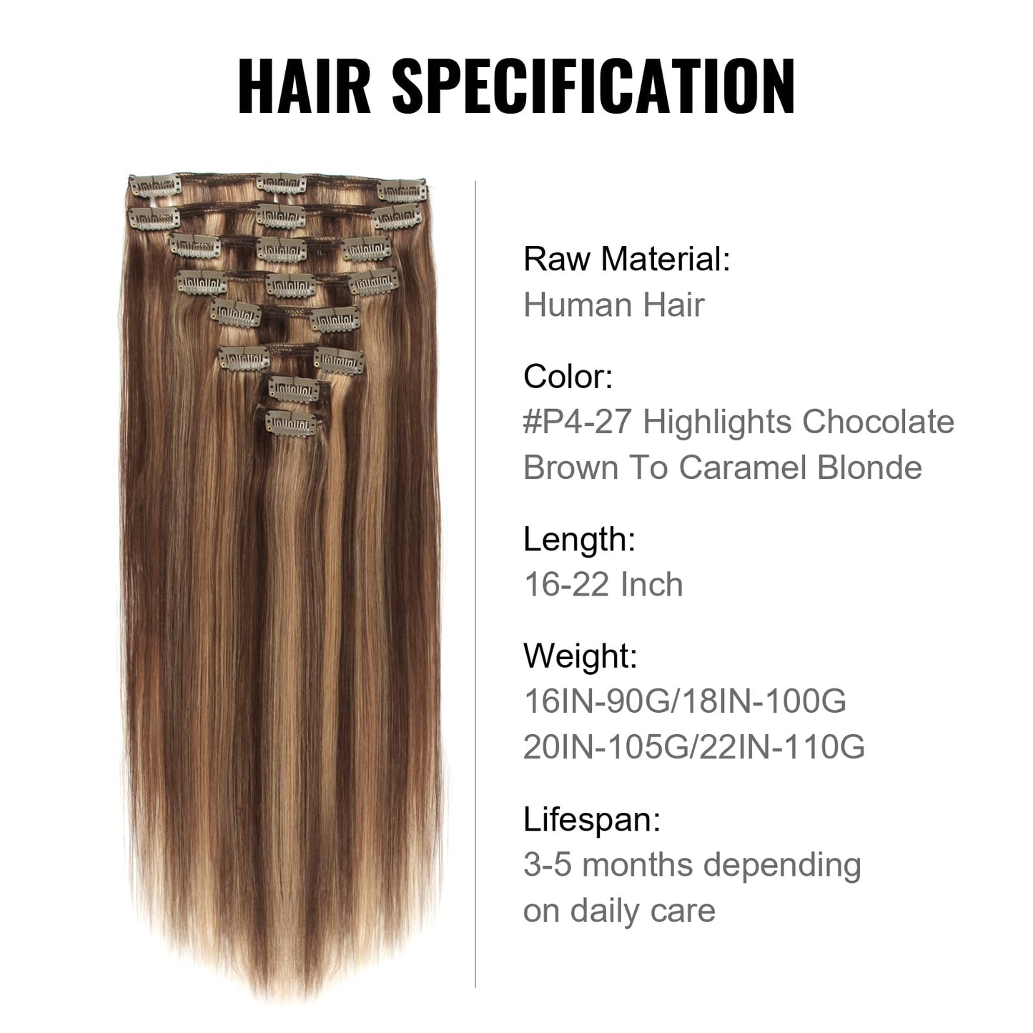 ABH AMAZINGBEAUTY HAIR Highlight Clip in Hair Extensions Human Hair 8 Pieces Chocolate Brown Mixed to Dark Blonde Hair Extensions Clip in Natural Blend Full Head Double Wefts Soft Straight 90G 16 Inch
