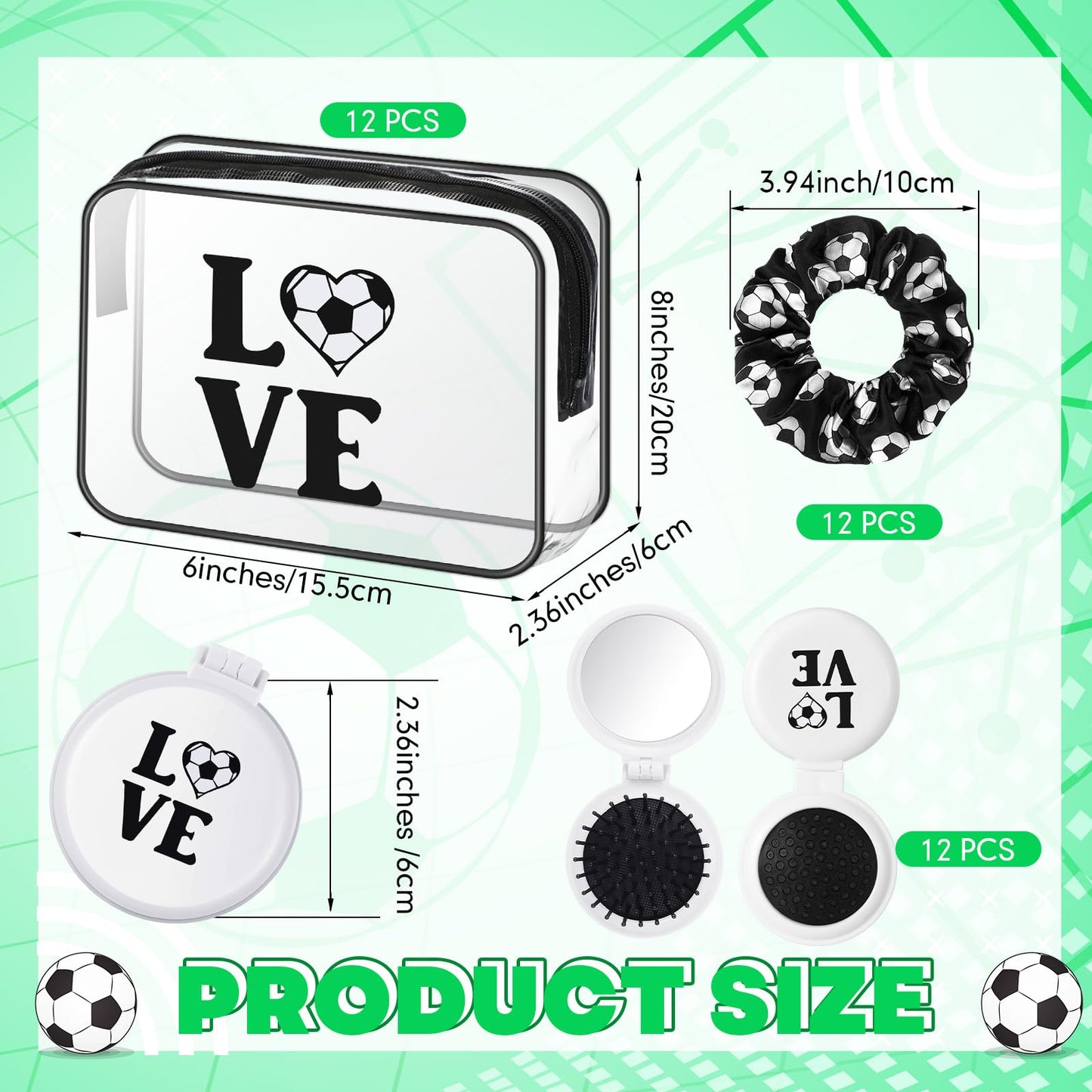 Yungyan 36 Pcs Soccer Gifts 12 Soccer Makeup Bag for Women Party Favors Team Gifts with 12 Sport Hair Scrunchies 12 Round Portable Folding Brush