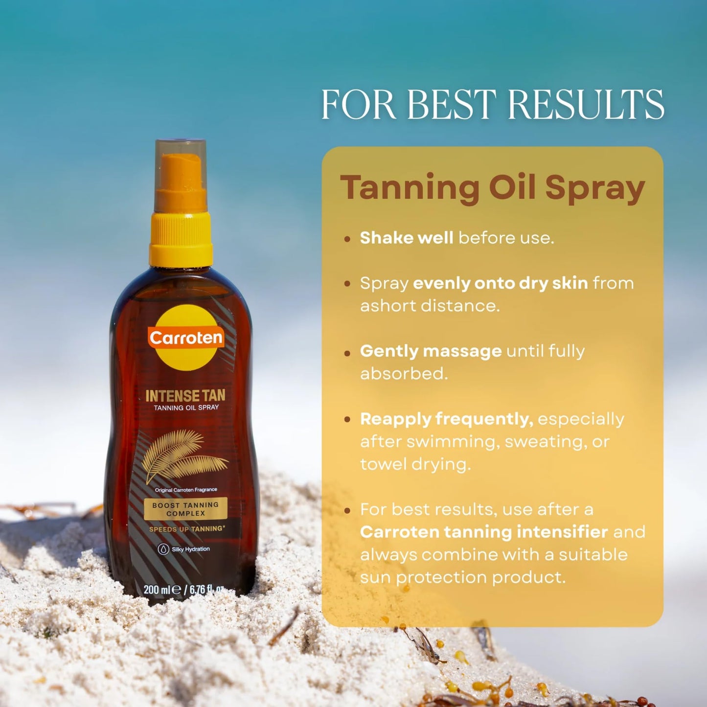 Carroten Intensive Tanning Oil Spray | Browning Oil Tan Accelerator | Vitamin E with Carrot & Coconut Oils | Water-Resistant, Silky Hydration | Coconut Fragrance | Made in Greece | 6.7 oz + Wipe