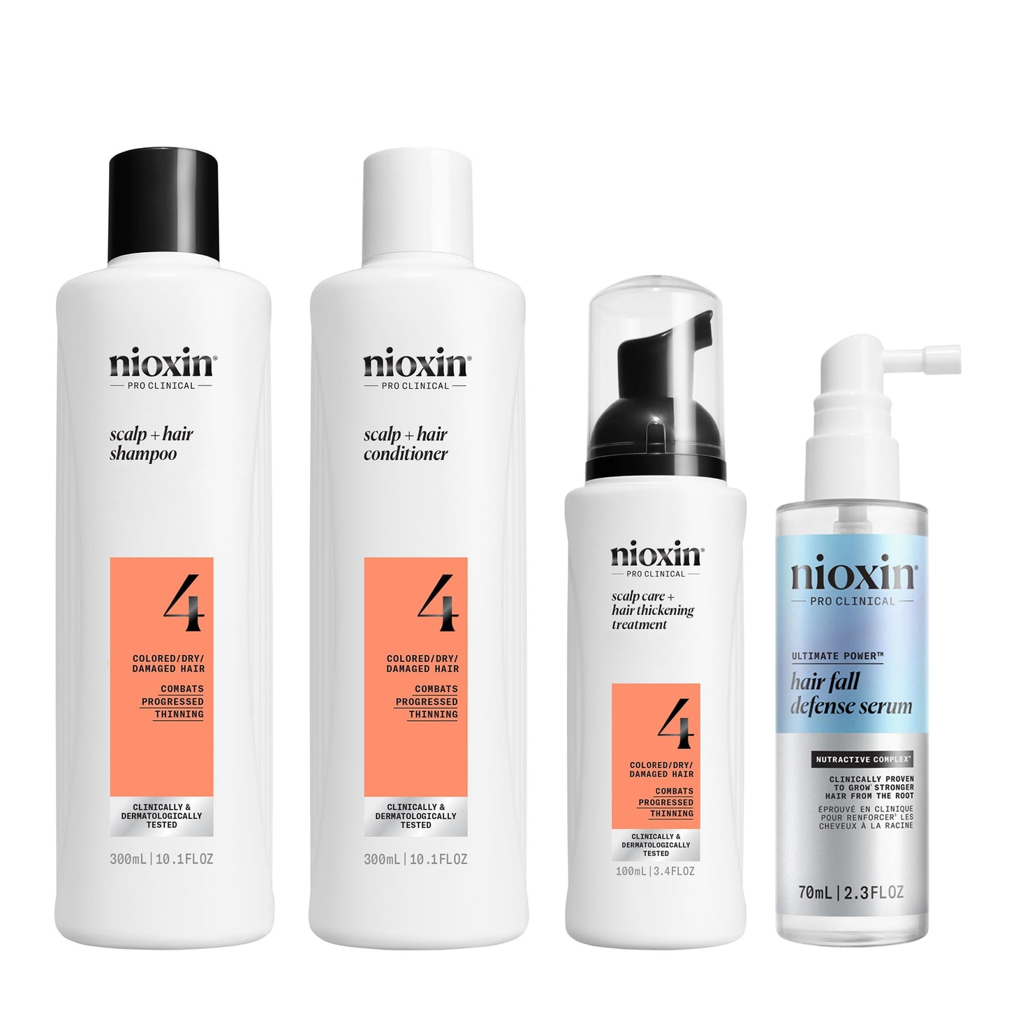 Nioxin Scalp + Hair Thickening System 4 Kit | For Colored, Dry, & Damaged-Hair with Progressed Thinning | Cleanse, Condition, & Treat + Fall Defense Intensive Daily Leave-In Treatment Serum | Bundle
