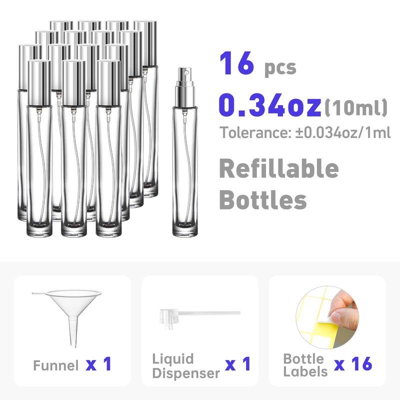 Glassfinity Travel Perfume Bottle Refillable, 16pcs 10ML Mini Glass Perfume Containers with Funnel and Label, Empty Portable Leak-proof Fragrance Bottles Spray Atomizer Pump Bottle Kit for Toiletries