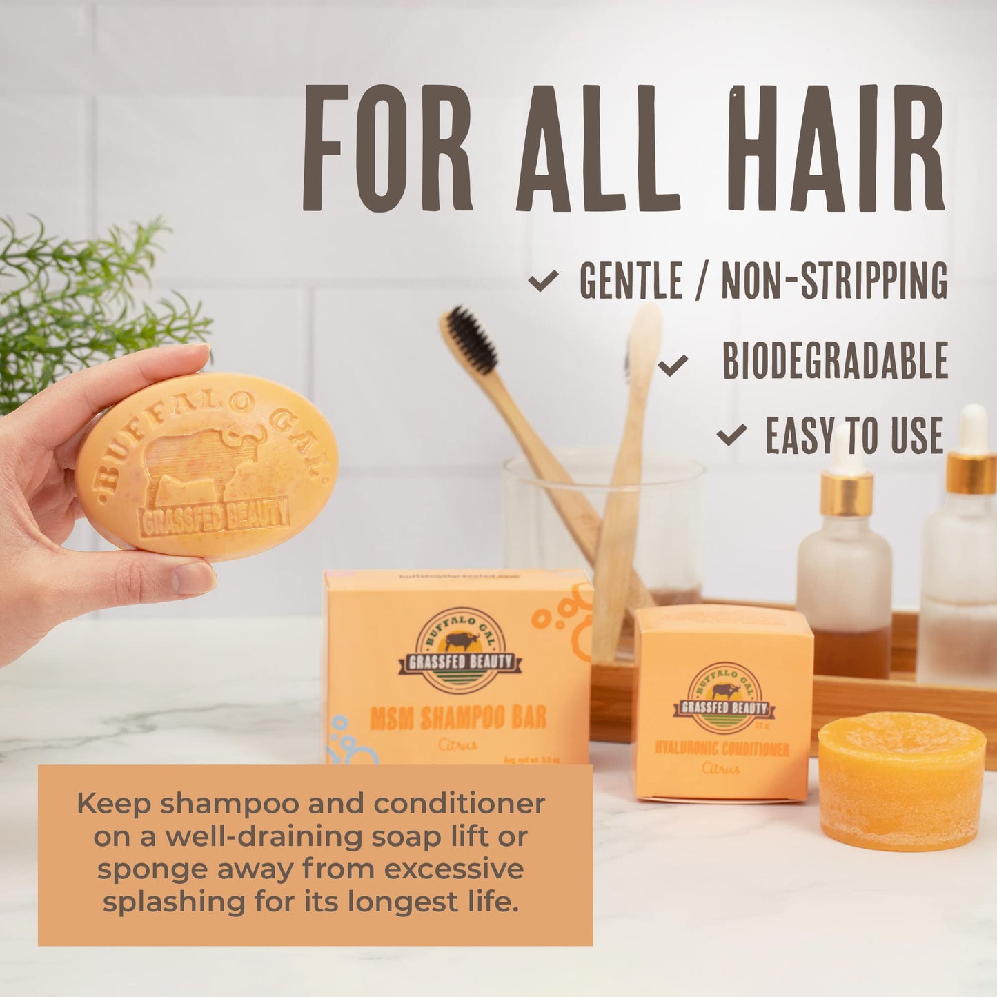 MSM Shampoo Bar + Hyaluronic Hair Conditioner Bar, Solid Bar Shampoo and Conditioner for Hair Growth, Non-Soap, For All Hair Types, Citrus, Set of 2