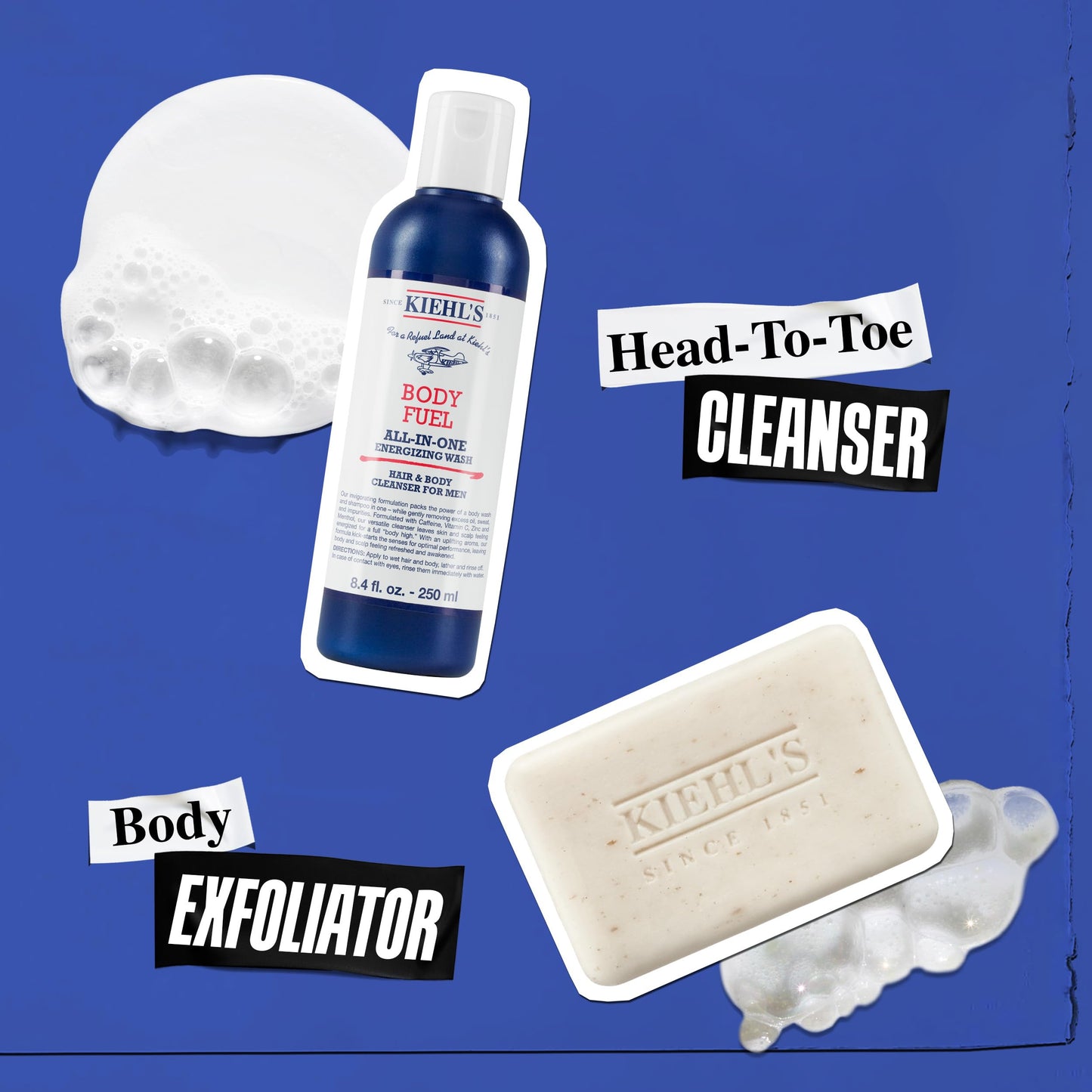Kiehl's Men's Body Fuel Wash, All-In-One Hair and Body Cleanser with Menthol, Caffeine, Vitamin E, Vitamin C, and Zinc, Removes Oil, Sweat, and Impurities, Fresh Scent, For Men's Skin and Hair
