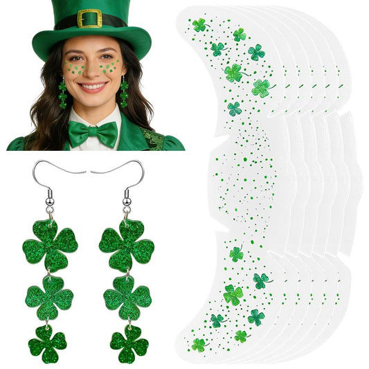 Mysense St Patricks Day Accessories,Shamrock Dangle Earrings,6PCS Glitter Freckles Temporary Tattoos Face Stickers,Irish Festival Green Accessories for Saint Patrick’s Day Outfit Women Girls