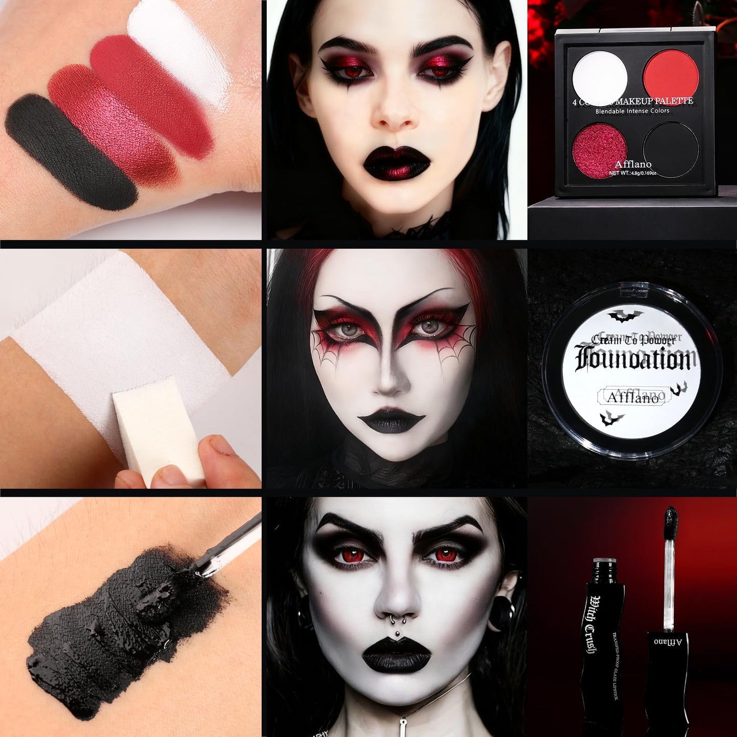Goth Makeup Kit – Complete Gothic Make up Set for Vampire, Witch, Clown, Emo, Grunge, Theater, Halloween SFX with White Foundation, Red Eyeshadow Palette, Black Lipstick, Eyelashes, Eyeliner, Nails