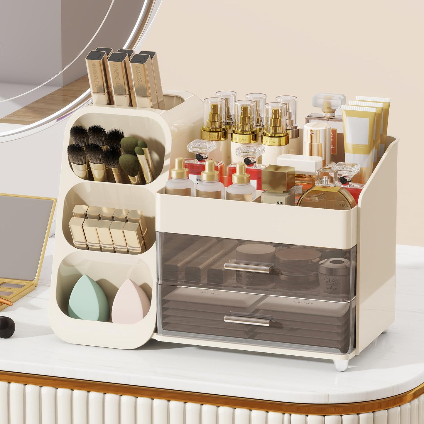 Dimcapo Makeup Organizer for Vanity,Vanity Organizer with Drawers and Brush Holder,Bathroom Make Up Organizer Countertop,Large Cosmetic Organizer for Skincare, Perfume,Lipsticks,Nail Polish (Cream)