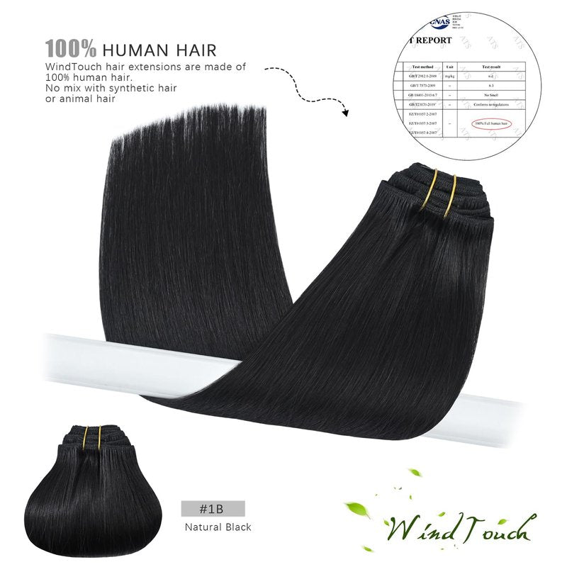 WindTouch Clip In Hair Extensions Real Human Hair Black Hair Extensions Remy Hair 7pcs 18 Inch 75g #1B Natural Black Clip Ins Real Human Hair Black Women