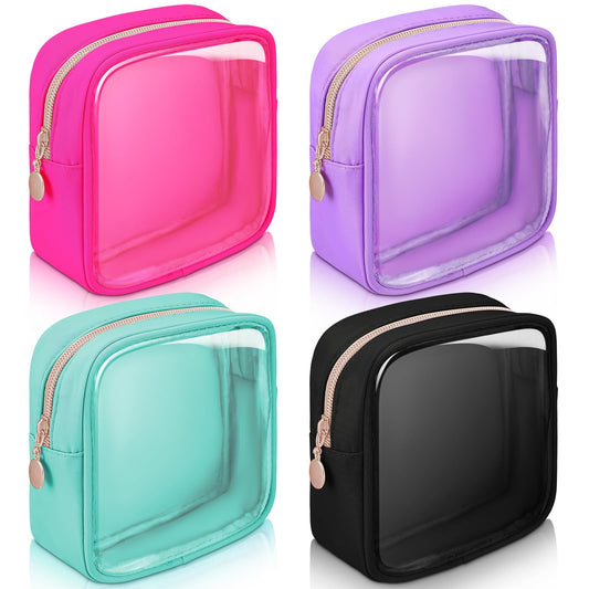Hushee 4 Pcs Clear Nylon Makeup Bag for Women Gifts Preppy Cosmetic Bag PVC Travel Toiletry Zipper Pouch Waterproof Storage Organizer Pouch for Women(Mini)