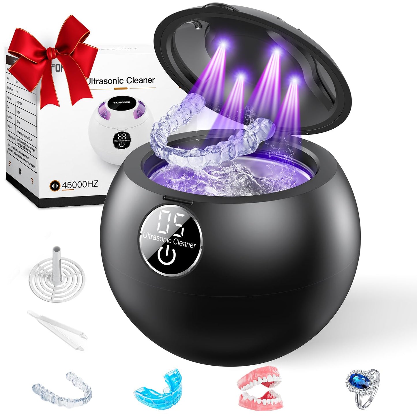 Ultrasonic Retainer Cleaner Machine,45kHz Ultrasonic Cleaner,360°Cleaning for Dentures,Aligner,Mouth Guard,Jewelry,Braces,Toothbrush Heads with 200 ML Dental Cleaning Pod, 3 Modes,Black