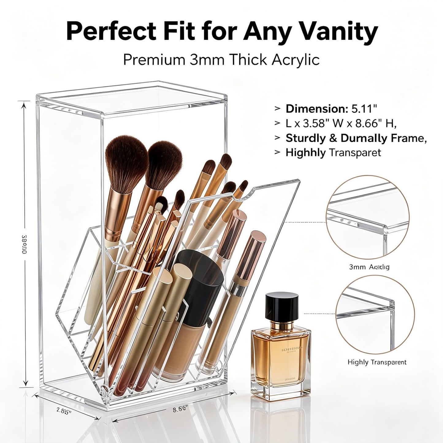 VORA Makeup Brush Holder, Clear Make Up Brush Holder Organizer with 17 Slots, Tilt Open Large Makeup Brush Holde with Lid, Acrylic Makeup Organizer for Vanity Decor Office Home