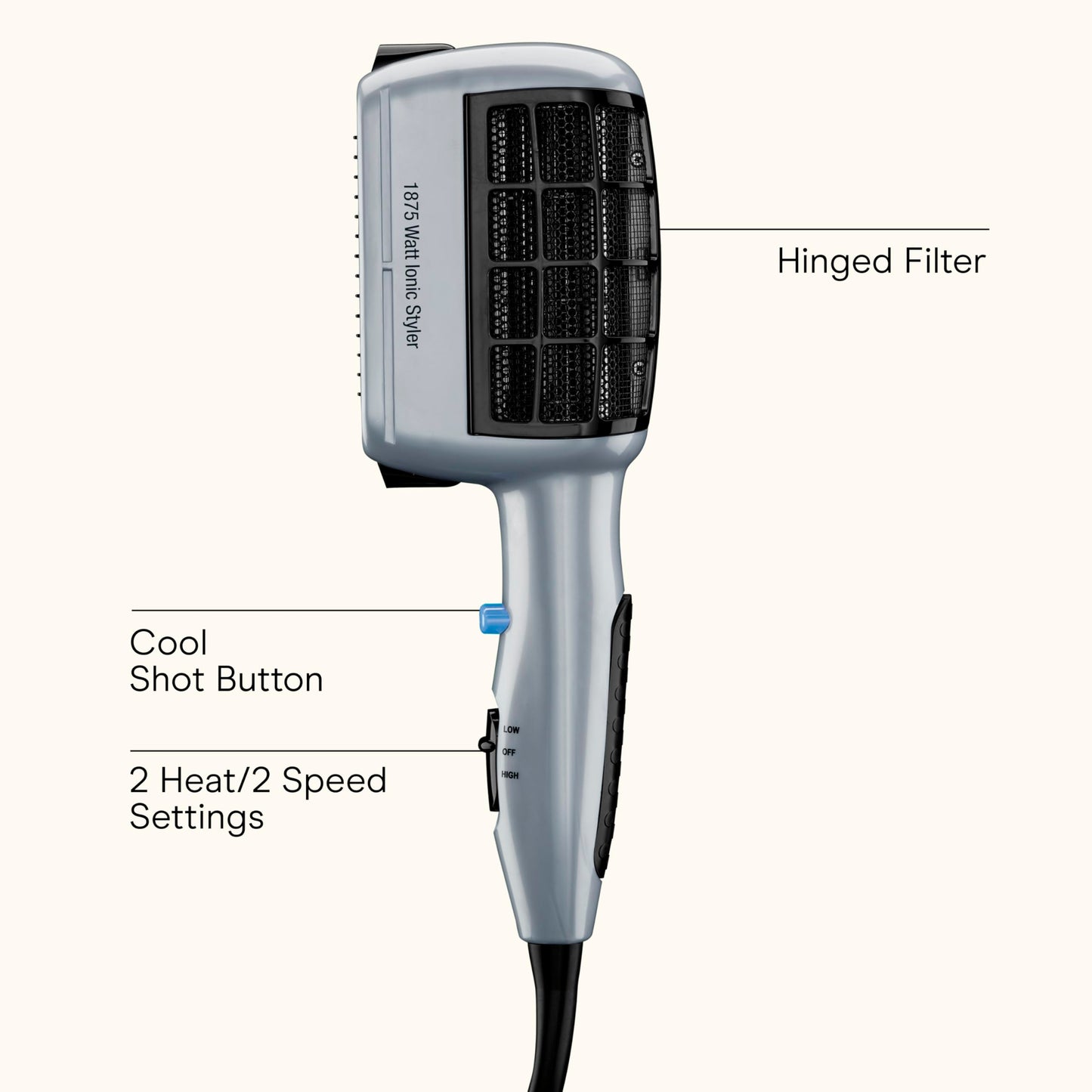 Conair 3-in-1 Styling Hair Dryer, 1875W Blow Dryer with 3 Styling Attachments to Detangle, Straighten, and Volumize, Ionic Technology, Dual Voltage