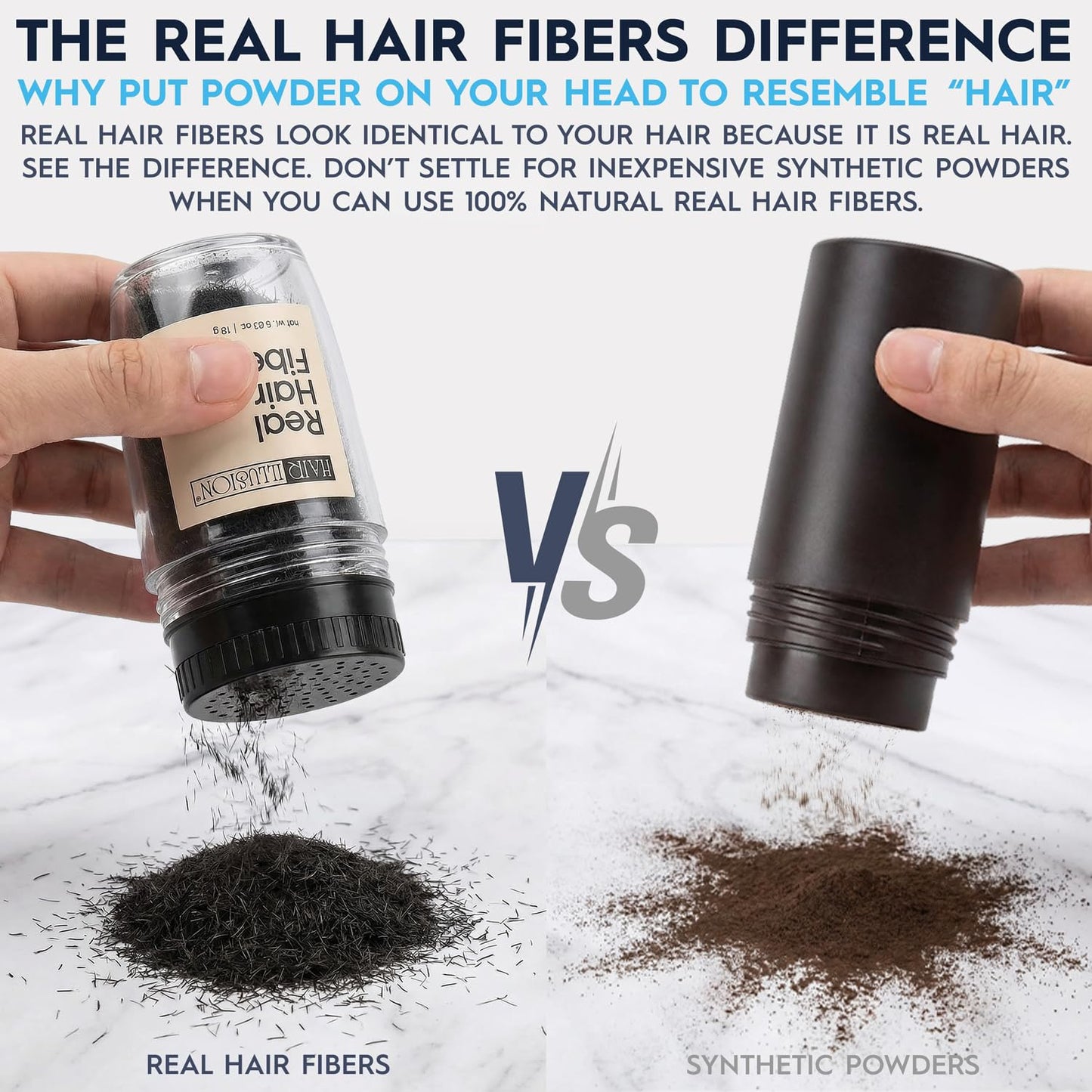 Hair Illusion Black Real Hair Fibers for Thinning Hair - 100% Natural Texture, Non Synthetic Hair Fibers - Bald Spot Cover Up for Women & Men - 18 Gram