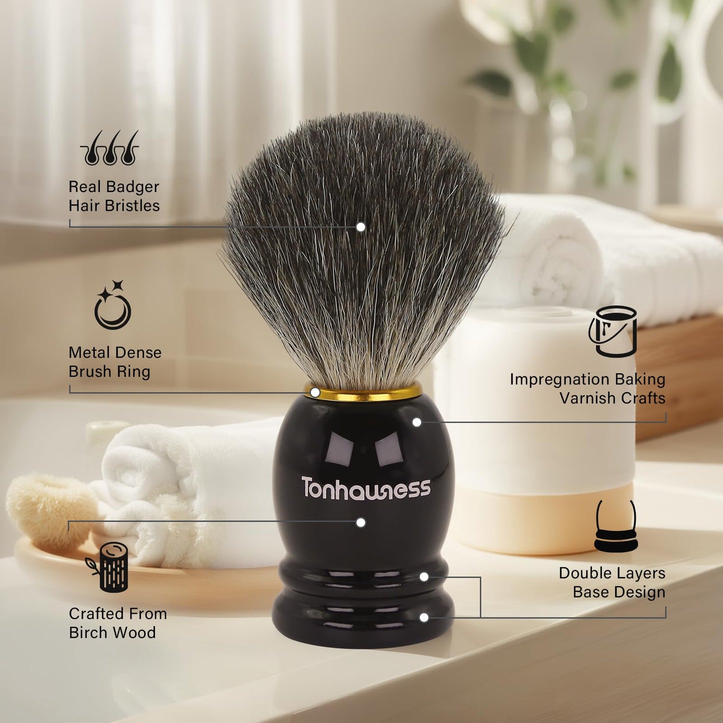 Tonhawness Shaving Brush Kit for Men, 4 in 1 Shaving Brushes Set Includes Badger Hair Shave Brush, Stainless Steel Shaving Bowl&Stand and Goat Milk Flavor Shaving Soap