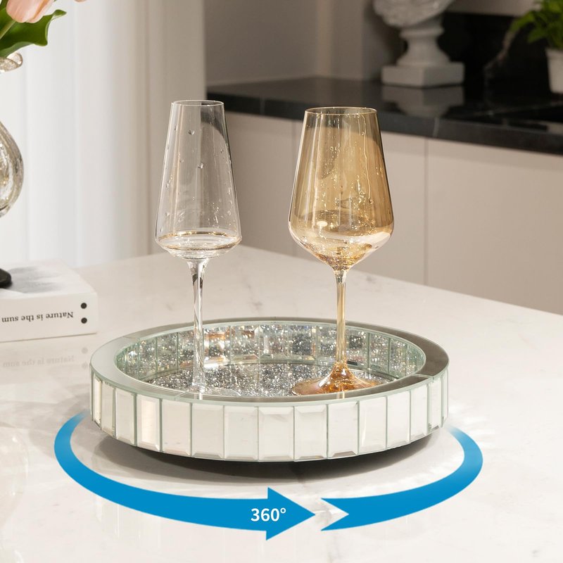 12in Round Rotating Organizer Tray,Silver Mirror Glass Coffee Table Tray,Table Centerpieces Decorative Trays for Home Decor,Living Room, Modern Decorative Trays, Centerpiece Trays