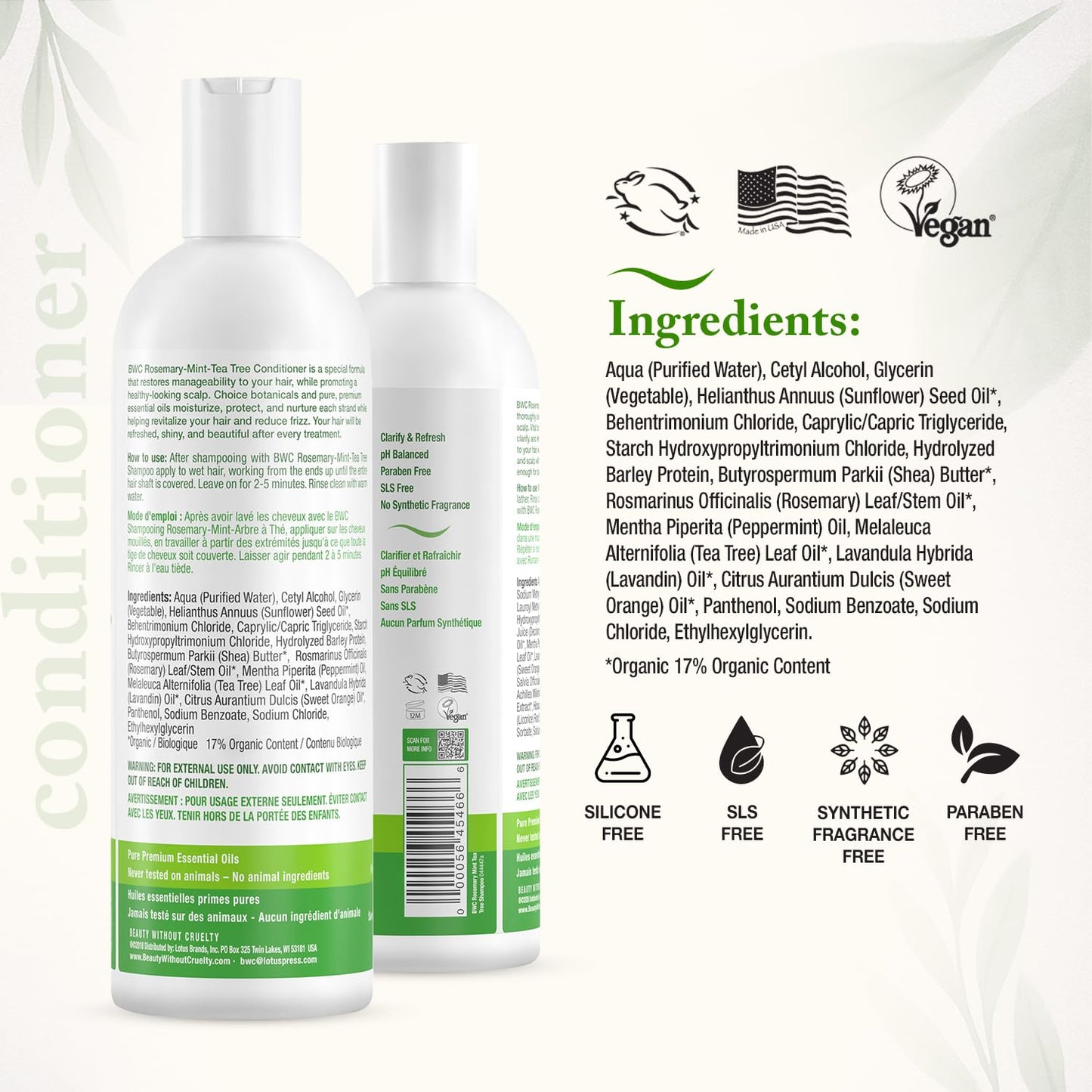 Beauty Without Cruelty Shampoo and Conditioner Set, Clarifying Rosemary Mint Tea Tree – Aromatherapy Hair & Scalp Treatment, SLS-Free, Vegan-Friendly & Cruelty-Free, 16 Oz Ea