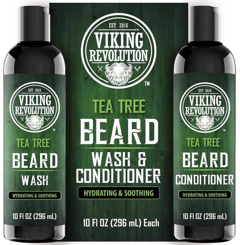 Viking Revolution Tea Tree Oil Beard Wash and Beard Conditioner For Men - Natural Beard Softener Set with Argan Oil, Vitamin E and Ginseng - Tea Tree Beard Shampoo and Conditioner Set (10 Oz)