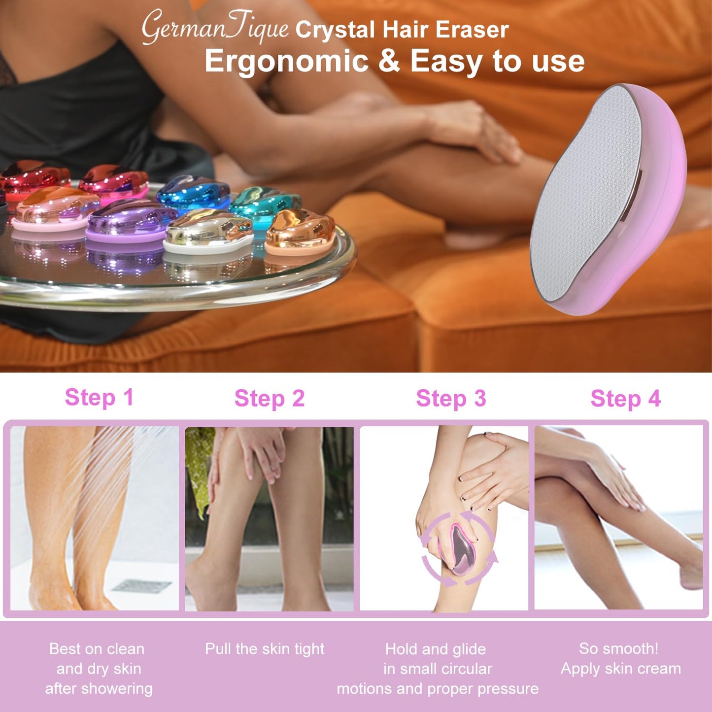 Germantique Crystal Hair Eraser,Natural Crystal Hair Remover,Reusable Painless Nano Glass Hair Removal Device Without Shaver,Gentle Crystal Epilator and Exfoliator for Soft Silky Skin(Light Pink)