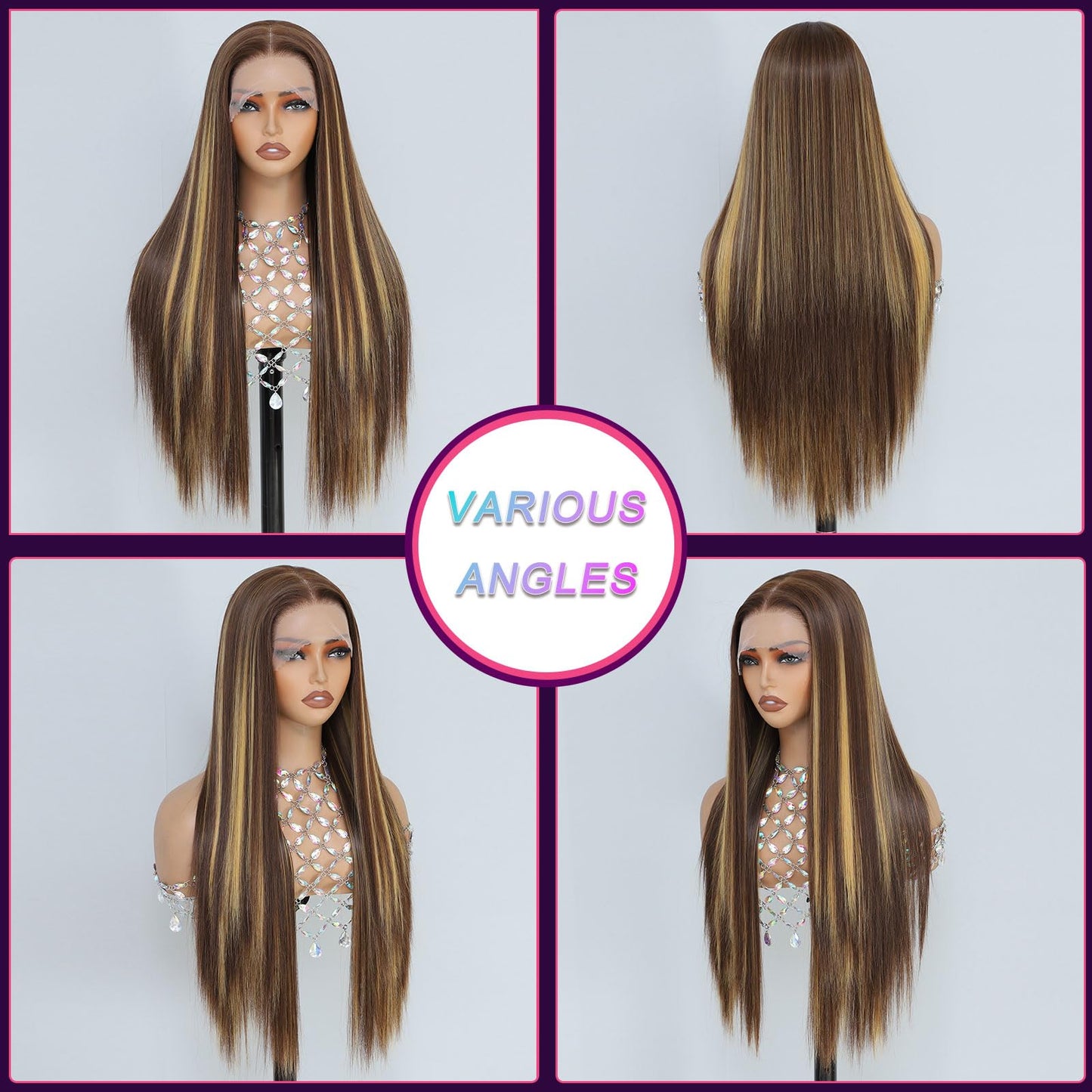 Barbique Synthetic Lace Front Wig, Honey Blonde Wig 13x6 Hd Lace Pre-Plucked Long Straight Highlights Glueless Wigs for Black Women 26 Inch Suitable for Everyday Wear