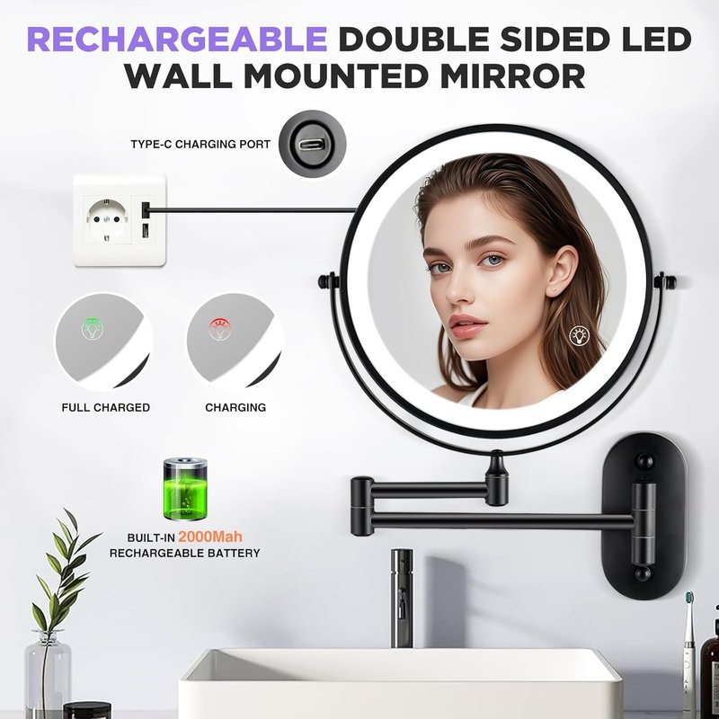 Wall Mounted Makeup Mirror - 1x/20x Magnifying Lighted Vanity Mirror | 8.5" Double-Sided, Black Finish