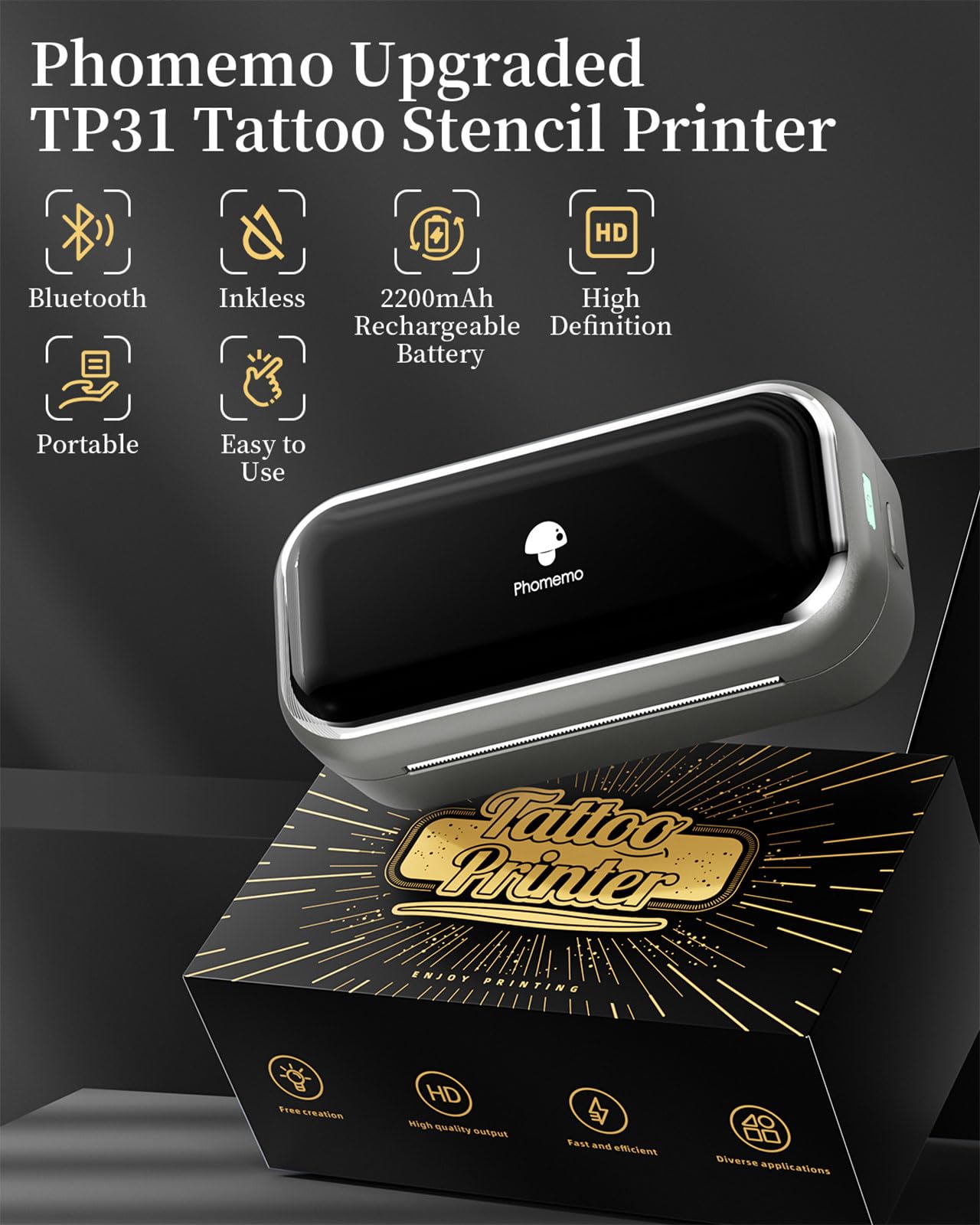 Phomemo TP31 Wireless Tattoo Stencil Printer with 30pcs Transfer Paper, Compatible with Phone & Tablet, Bluetooth Mini Thermal Tattoo Printer Machine for Artists & Beginners, for Halloween