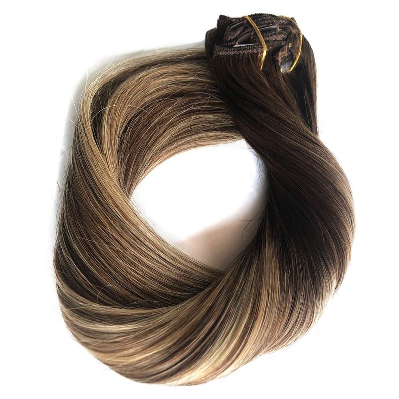 Clip In Human Hair Extensions - 18" Double Weft Brazilian Hair, 8Pcs 140g Set | Highlighted #4 Medium Brown & #24 Auburn