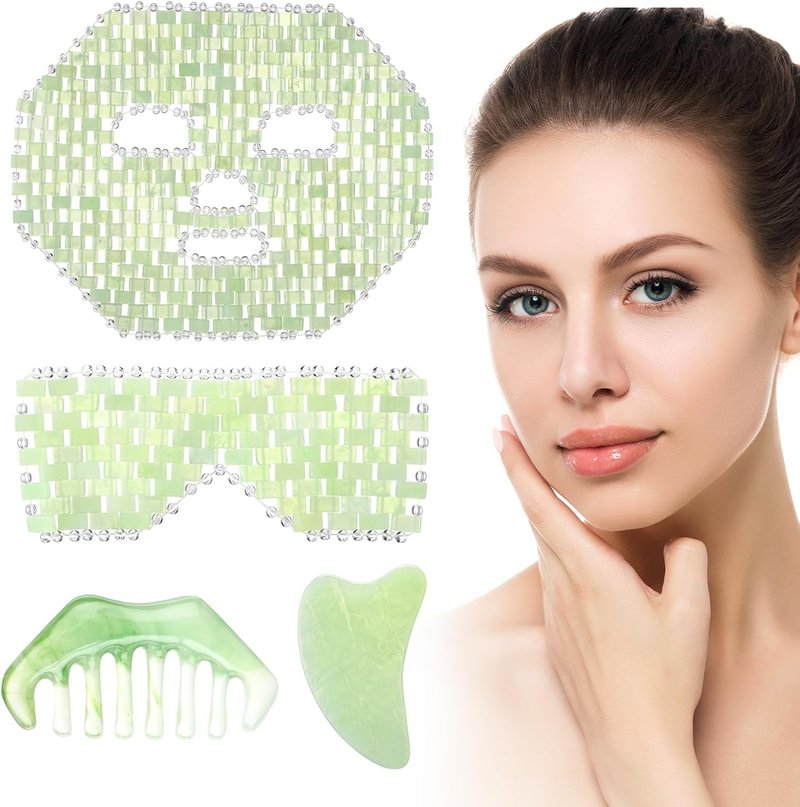 Jade Eye Mask Set - 4 Pcs Cooling Facial Massage Tools for Puffy Eyes | Light Green Jade Stone