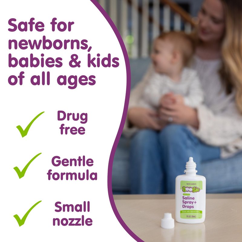 Boogie Baby Saline Nasal Spray and Drops, Allergy Relief, Nasal Spray Decongestant, FSA/HSA Eligible, Made with Natural Saline, 1 Ounce (Pack of 2)