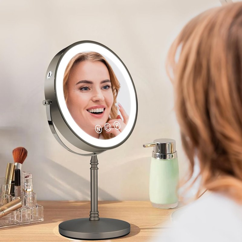 Lighted Makeup Mirror - 9" Double-Sided 1X/10X Magnification | Rechargeable with Adjustable Brightness & 80 LED Lights - Grey