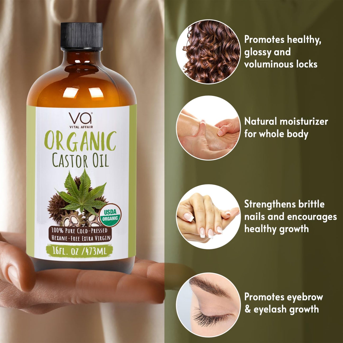 VITAL AFFAIR Organic Castor Oil 16 oz - Cold Pressed, Hexane Free & Unrefined Glass Bottle for Pack Wrap Routine, Hair Growth, Skincare, Face & Nails