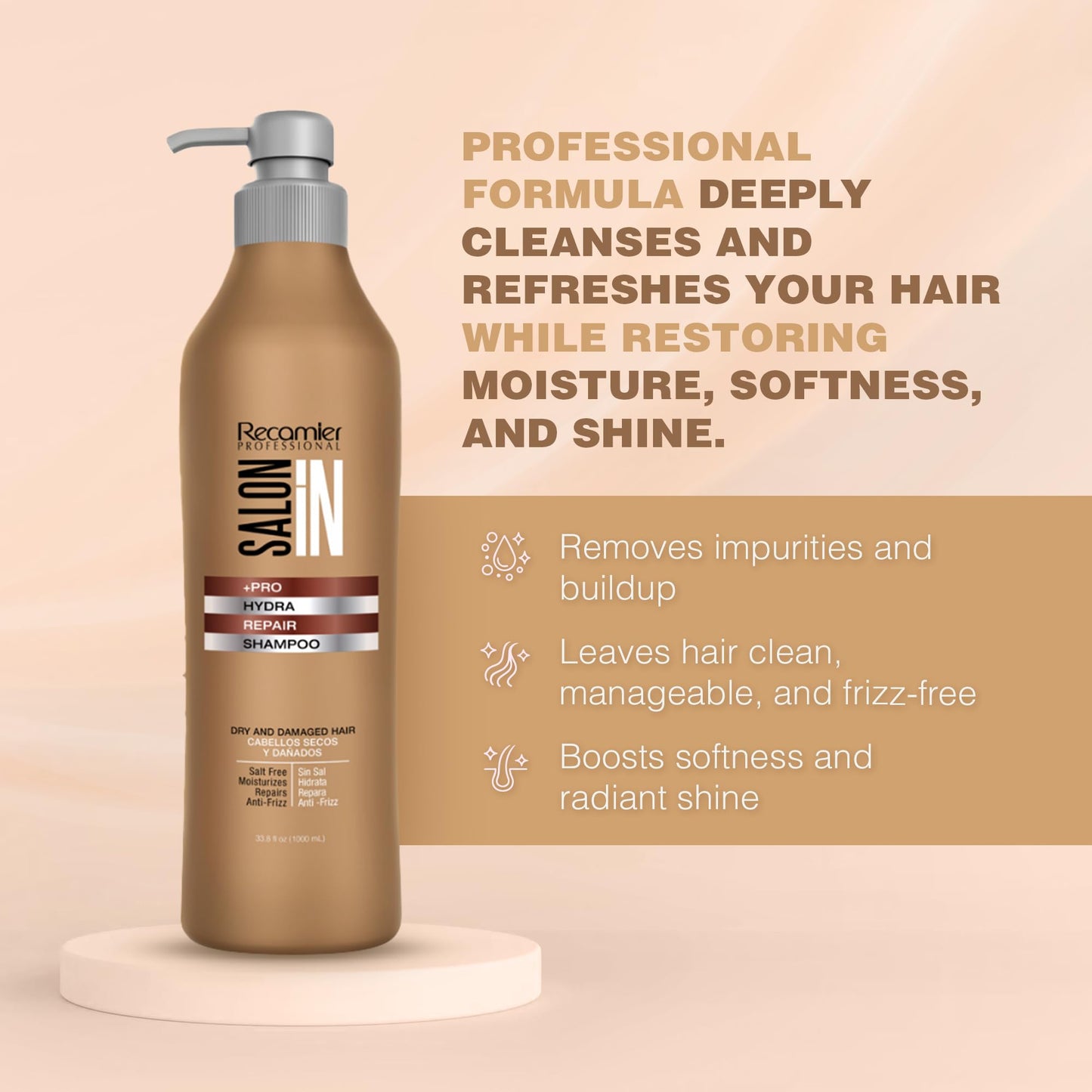 Salon In by Recamier | Hydra Repair Hair Shampoo | Moisturizing & Strengthening for Dry, Damaged Hair | 33.8. fl.oz / 1000 ml