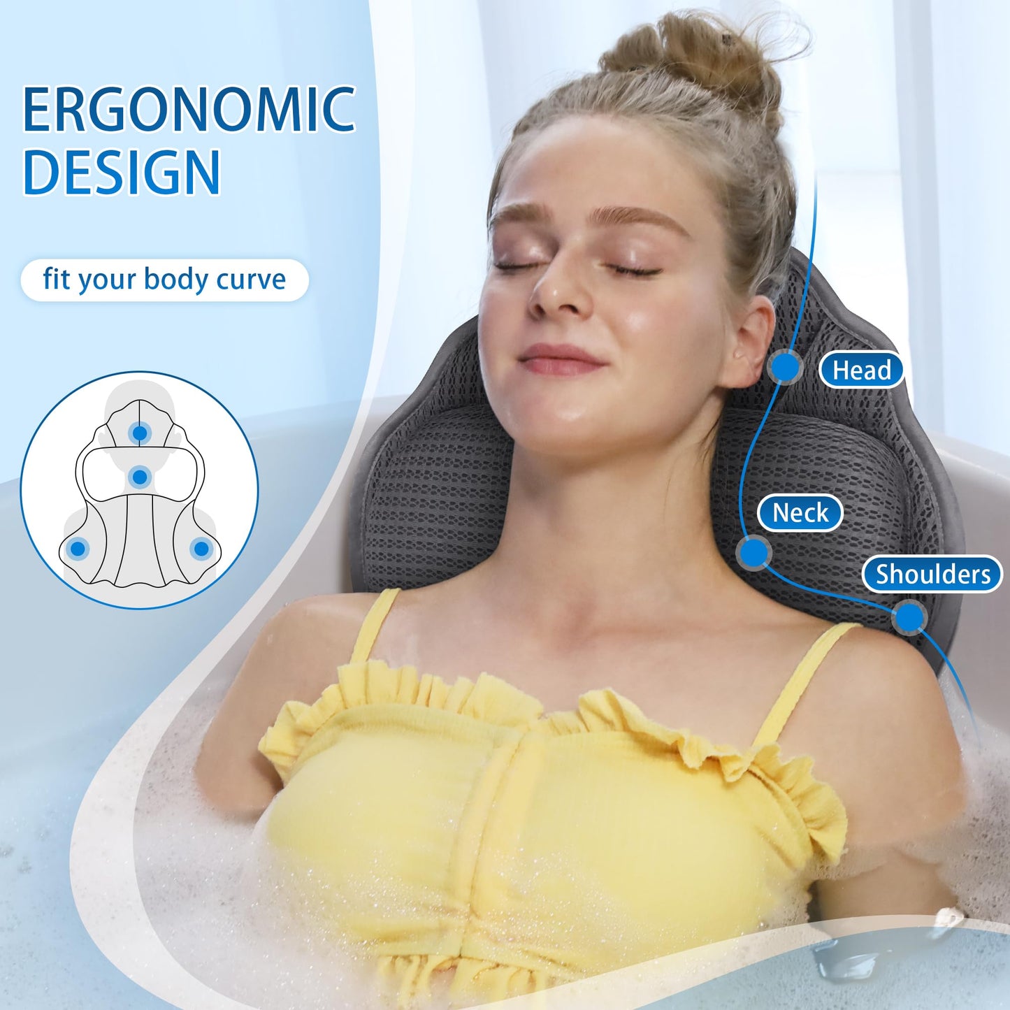 Poemland Bath Pillows for Tub, Luxury Bath Pillow Soft 4d Mesh, Bathtub Pillow with 6 Suction Cups, Ergonomic Bath Tub Pillows for Head and Neck, Bath Accessories for Women Relaxation Gifts (Grey)
