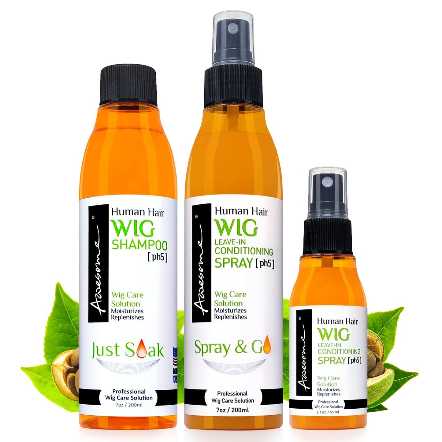 Awesome Human Hair Wig Shampoo & Conditioner, Premium set of 3, Promoting Silkiness, Shine & Freshness I Preventing Dryness (7 Fl Oz x2, 2.3 Fl Oz travel size)