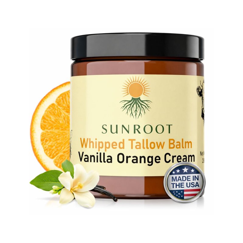 Sunroot Naturals Whipped Tallow Balm, Vanilla Orange Cream Moisturizer, Natural Ingredients, 4oz Glass Jar, Face and Body Care