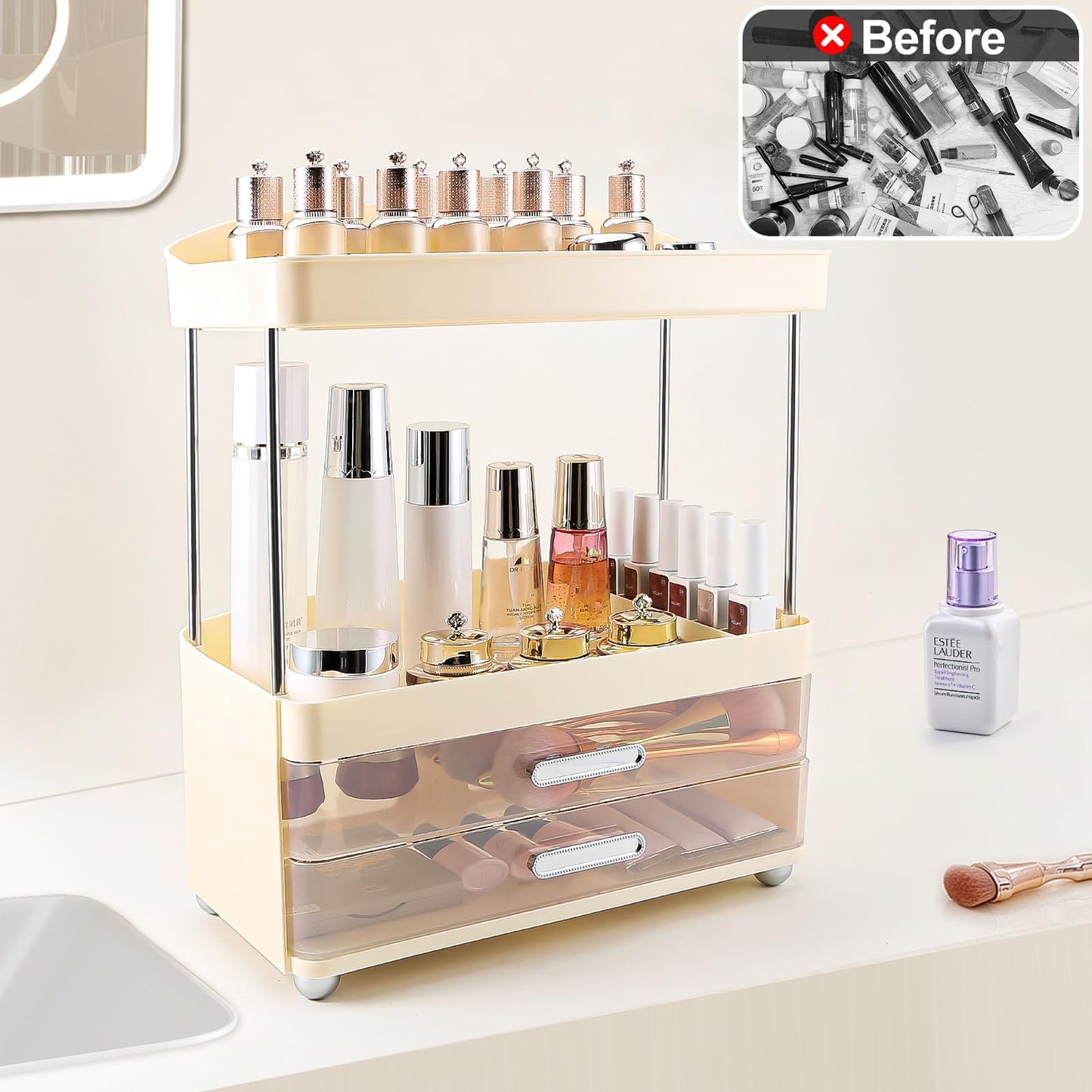 DASITON 4 Tiers Makeup Organizer, 2 Drawers Large Cosmetic Organizers for Vanity Bathroom Countertop, Bathroom Organizers and Storage for Skincare, Cosmetic, Perfume, Dresser Organizer (Cream+Clear)