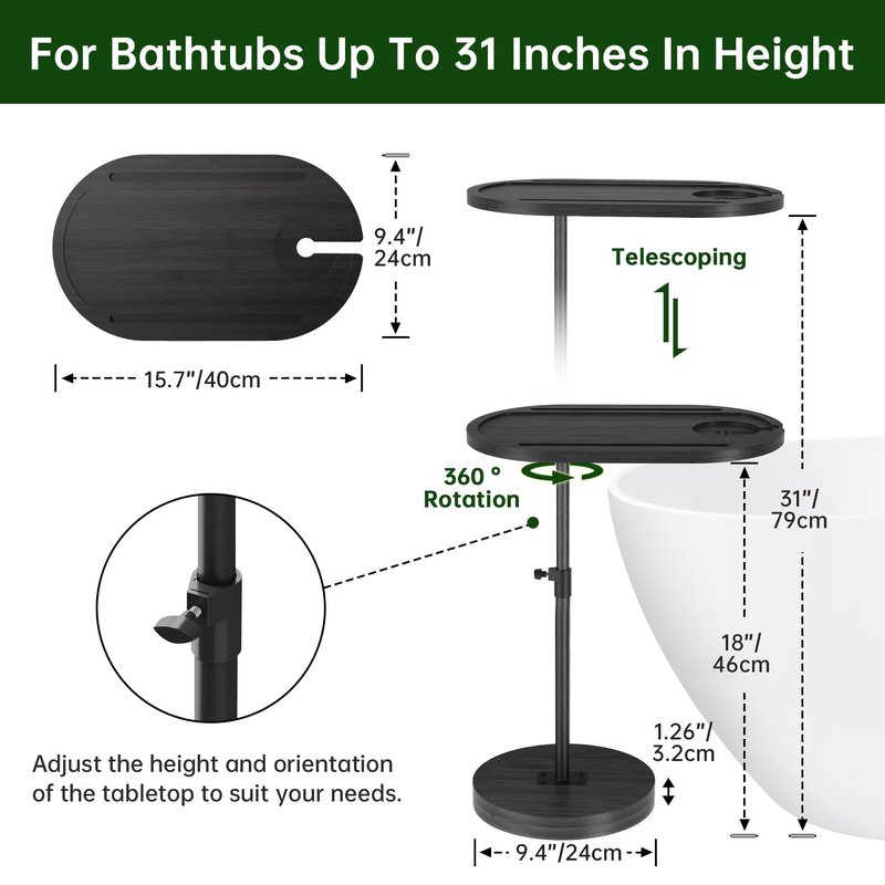 NiHome Bamboo Swivel Sofa Armrest Tray Table for Couch with Thickened Stable Base, Adjustable Height TV Tray Side Table with 360° Rotating for Bath Tub Hot Tub Bedside Balcony, Black