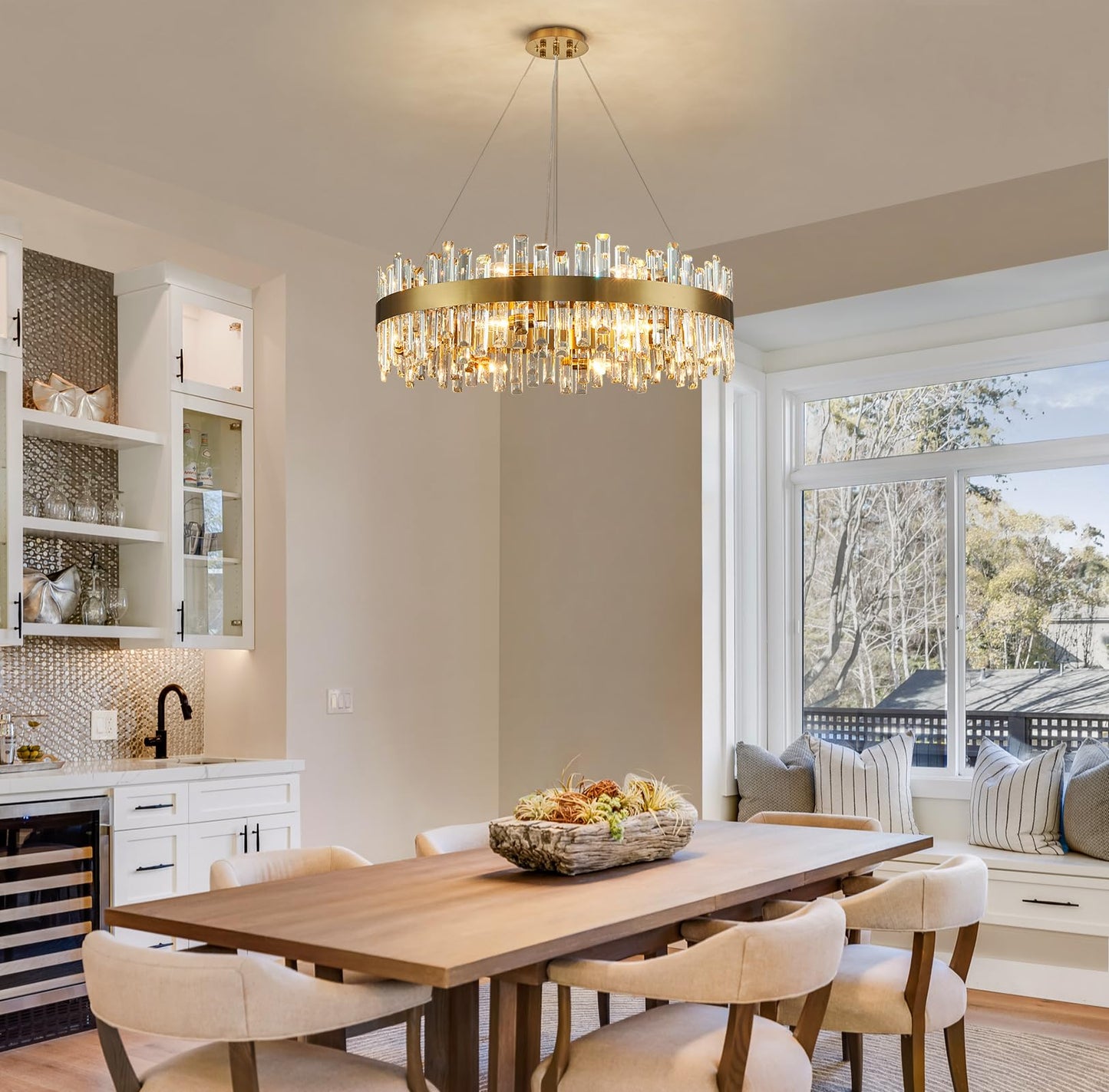 Siljoy Modern Crystal Chandelier, 16-Light Brushed Brass Gold 2-Tiers K9 Crystal Raindrop Chandelier, Luxury Large Crystal Chandelier Ceiling Light for Living Dining Room Entry Foye D31.5''