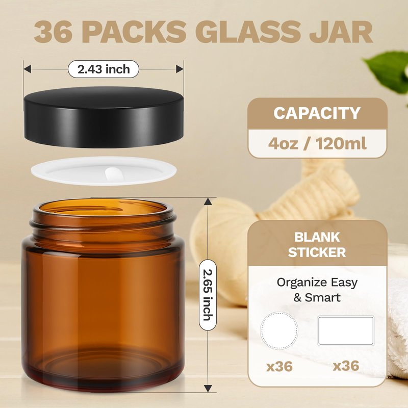 4 oz Small Glass Jars with Lids, Bumobum 36 Pack Amber Glass Lotion Jars with Inner Liners, 120ml Round Refillable Empty Containers with Blank Labels for Cream, Body Scrub, Cosmetic