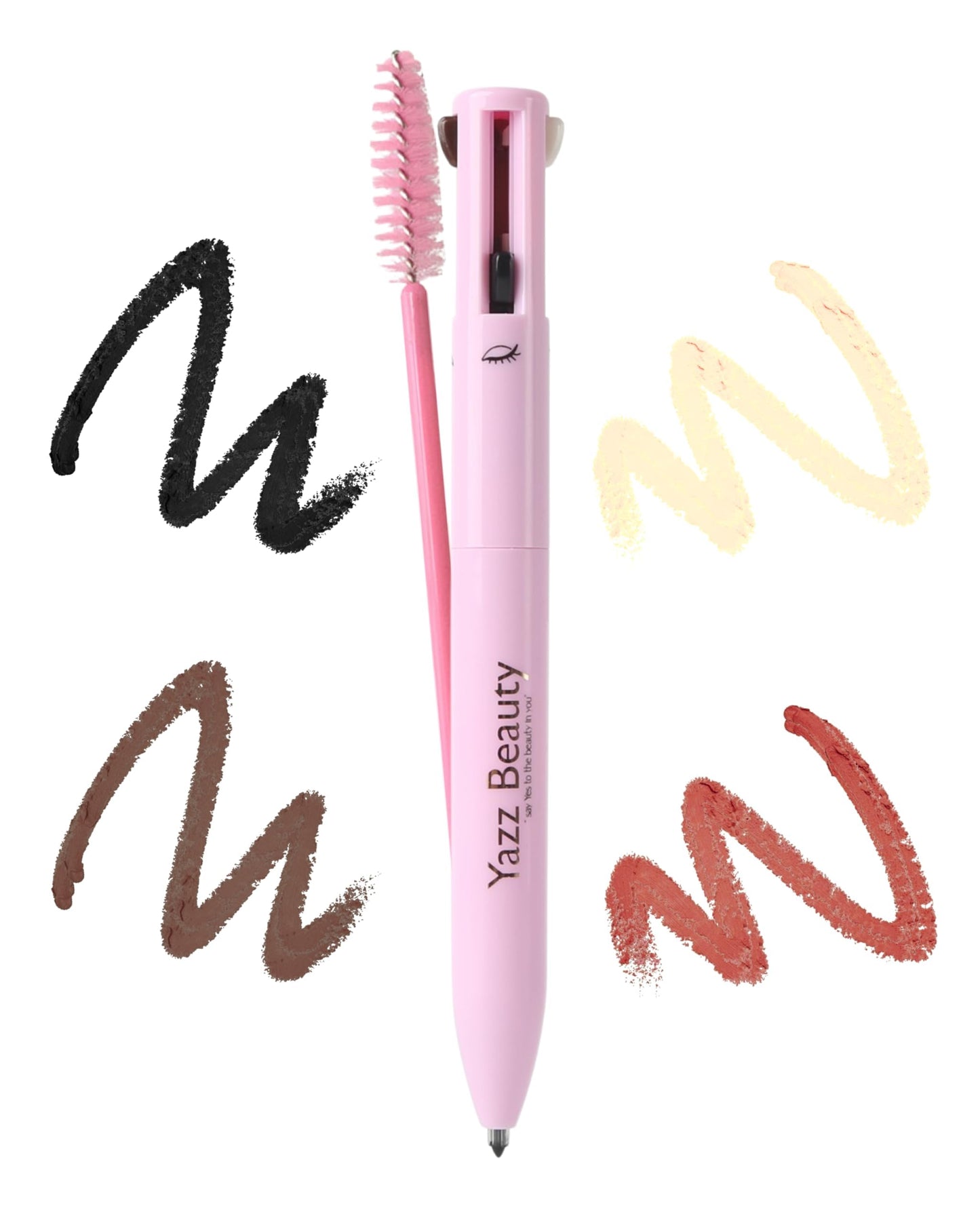 YazzBeauty - 4 in 1 Makeup Touch Up Pen with Brown Mauve Lip Liner, Black Eyeliner, Dark Brown Eyebrow Pencil, and Champagne Gold Highlighter, Compact Beauty Pen, Smudge Proof, Vegan, Cruelty-Free