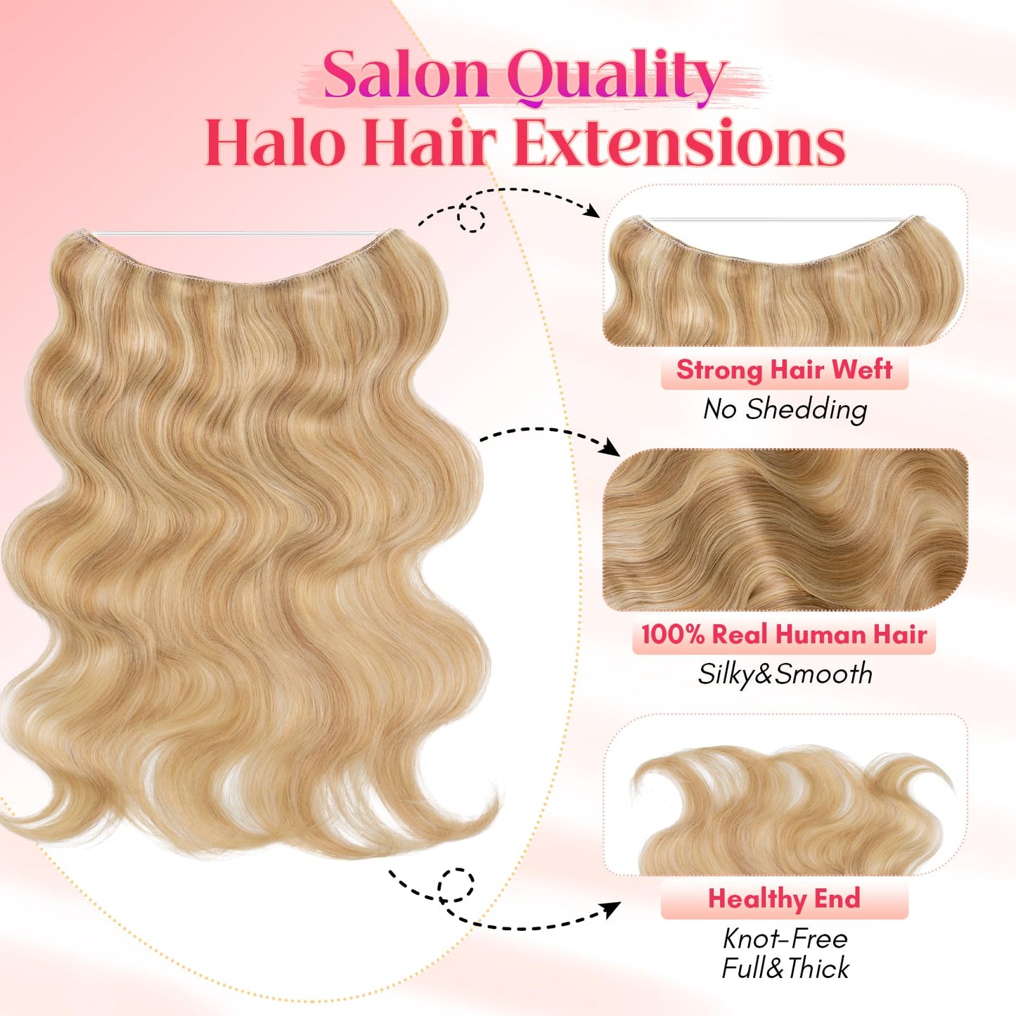 Rich Choices Halo Hair Extensions Real Human Hair Wave Wire In Hair Extensions Human Hair One Piece Clip in Human Remy Hair Halo Hair Extension 12 Inch #18P613 Ash Blonde Mixed Bleach Blonde