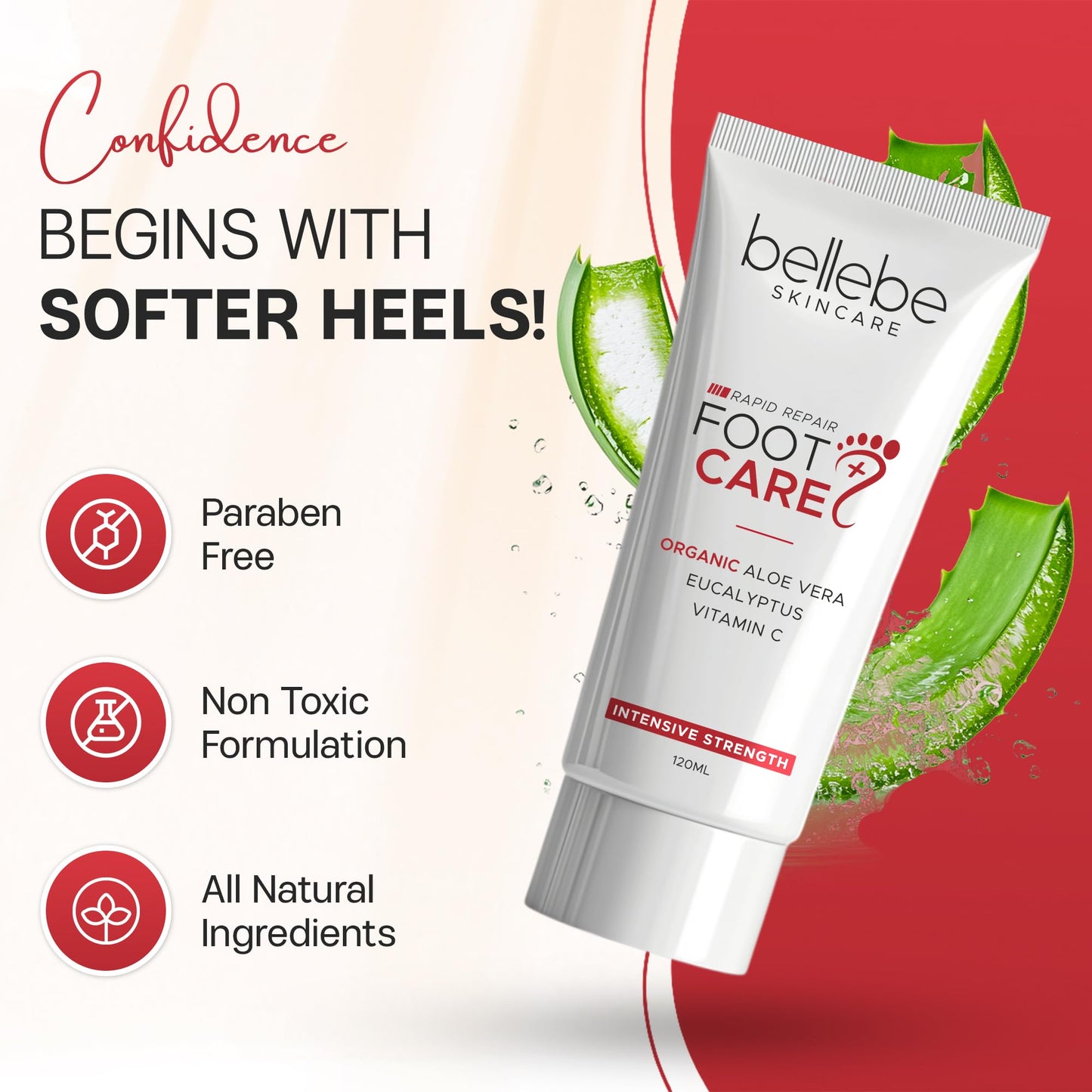 Bellebe Skincare Rapid Repair Foot Cream, Organic Aloe Vera with Eucalyptus and Vitamin C, Intensive Strength for Cracked, Callused, Dry Skin, 120ml
