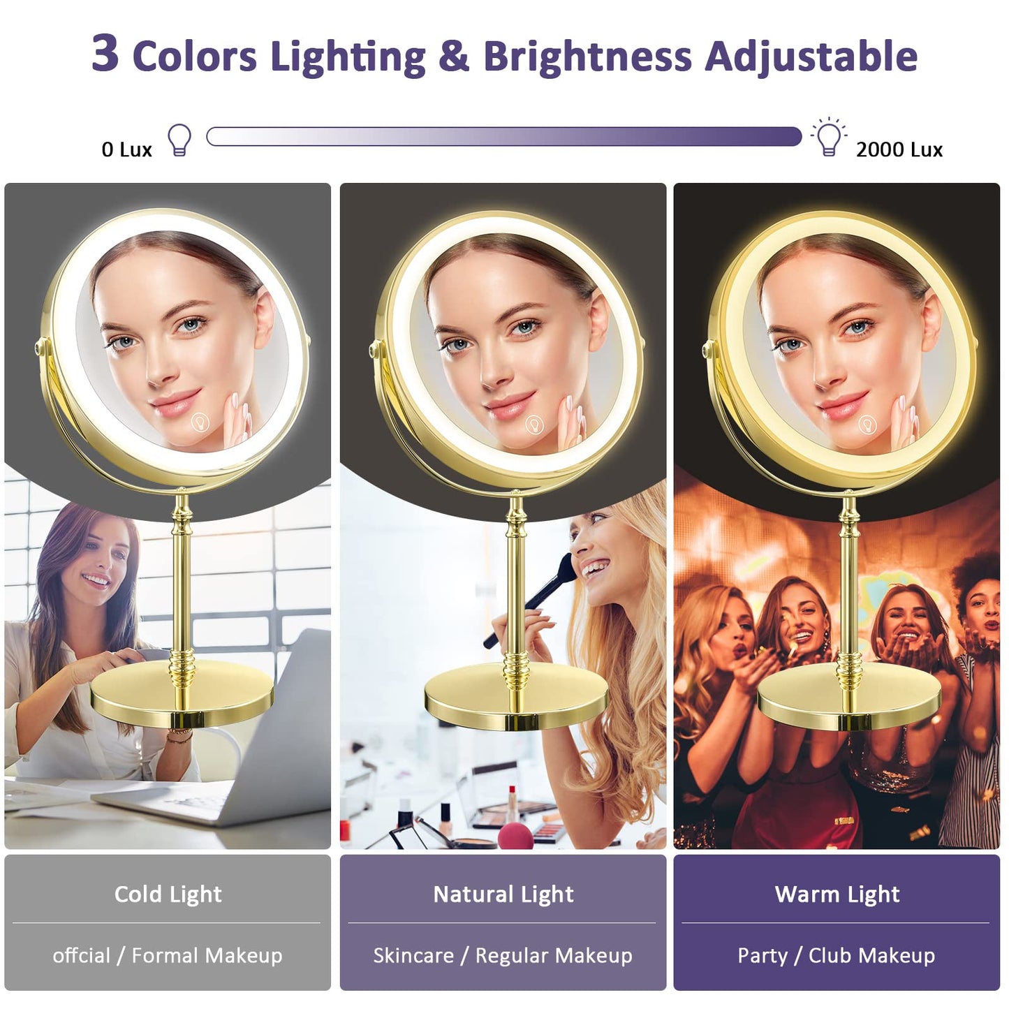 AMZTOLIFE Gold Makup Mirror with Lights, 10X Magnifying Lighted Vanity Mirror, 8 Inches 360 Swivel Two-Sided Tabletop Mirror Gold Finish