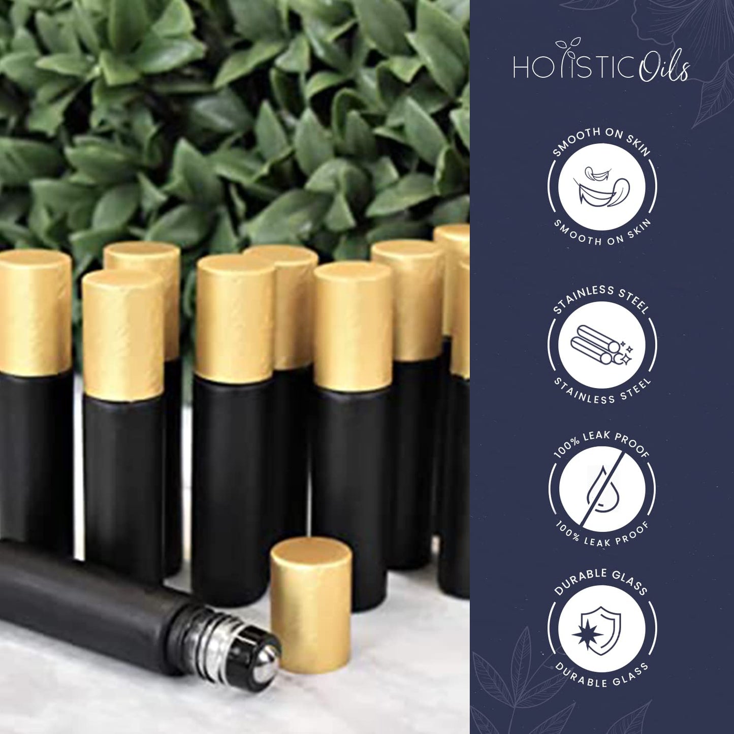 Essential Oil Roller Bottles, Black 10ml Leakproof Rollers – Thick Black Glass with Brush Gold Lid, Updated Stainless Steel Roller Ball Insert for Oils, Aromatherapy – 12 Pack