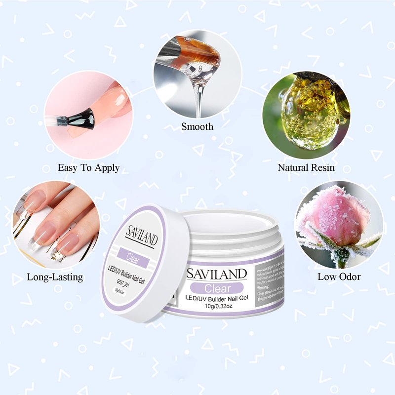 SAVILAND Builder Nail Gel Set - 2 Basic Colors Nail Extension Kit for Thickening Strengthening & Apex Building with Foundation Gel Top Gels LED Lamp Brush 100 Pcs Nails Forms for Home Salon