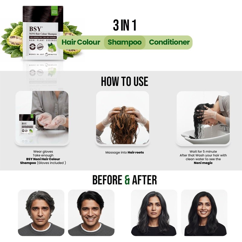 BSY Noni Black Hair Magic Shampoo - Natural 5 Mins Ammonia-Free Shampoo Hair Color, Permanent Hair Dye, 20x0.67 Fl Oz